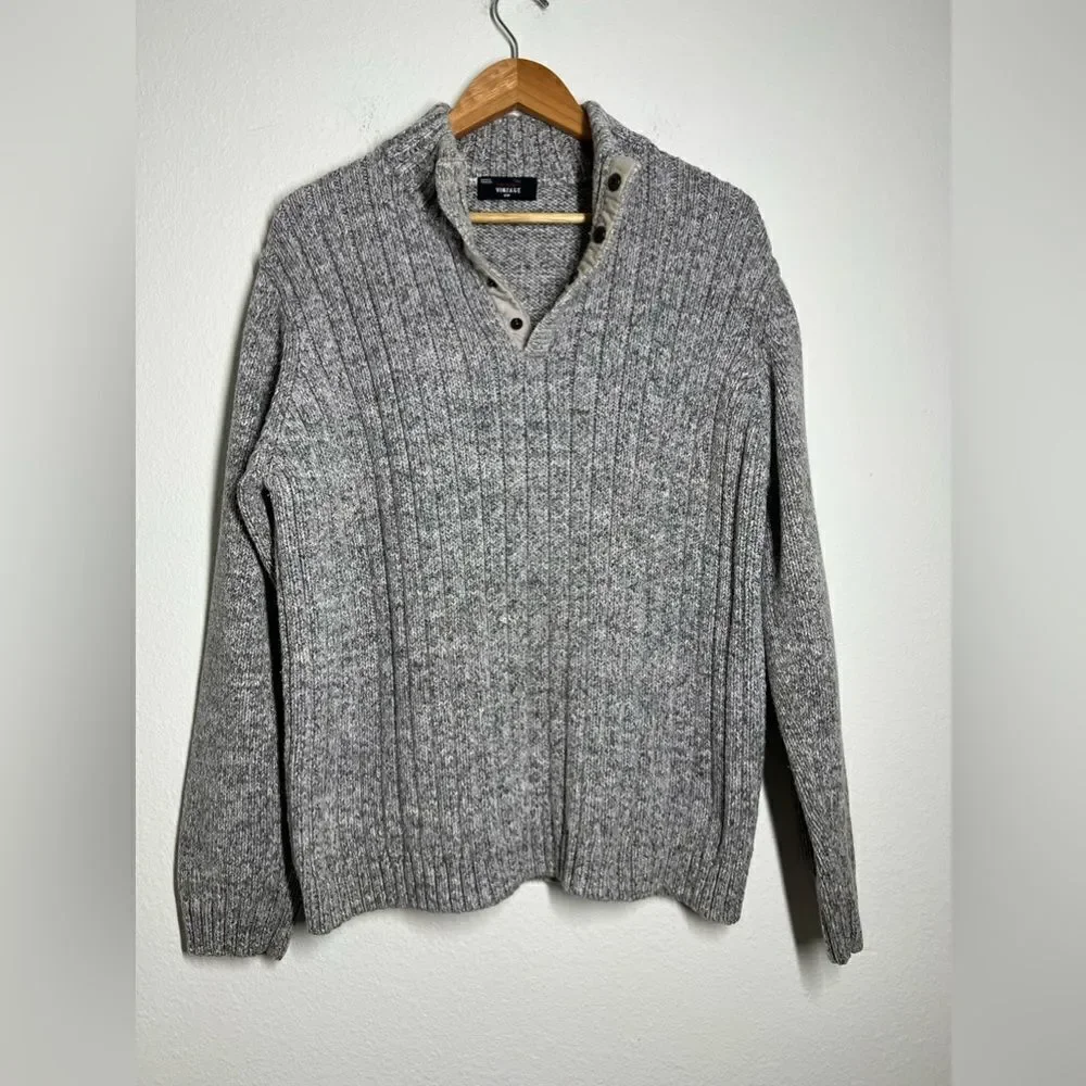 Marks & Spencer Vintage Knit Cotton Sweater 4 buttons Gray Mock Neck Size L